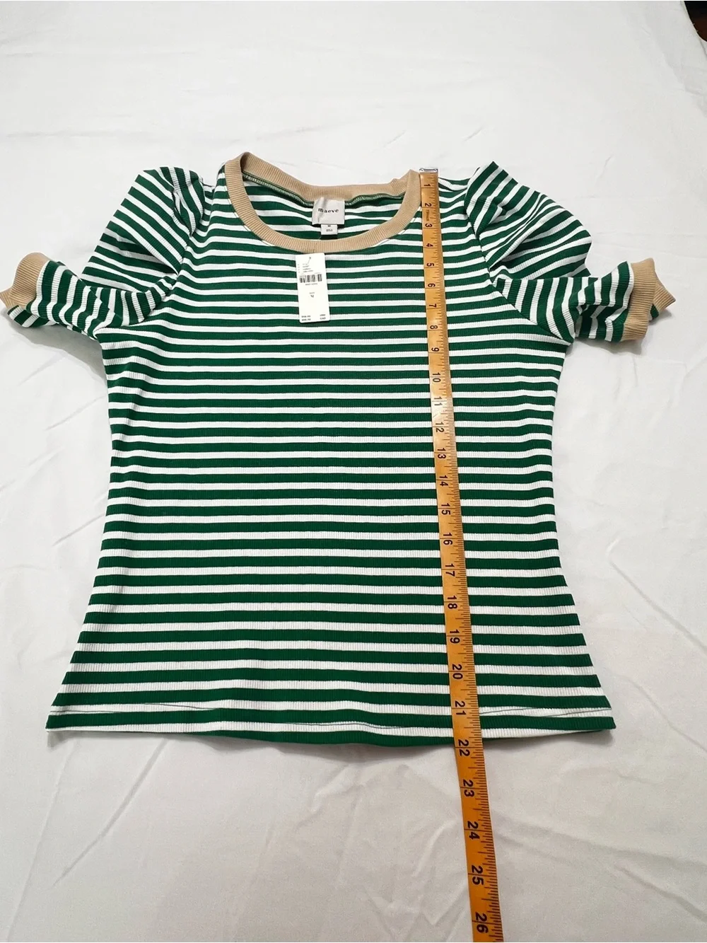NWT Maeve Anthropologie Green Stripe Puff Sleeve Rib Knit Top M - Picture 6 of 12